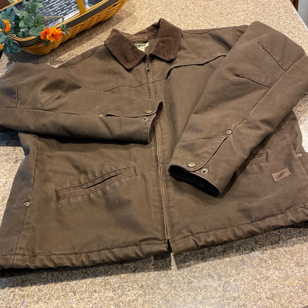 SAFTBAK Brown Fleece Lined Canvas Zip Work Coat Jacket Large Workwear Utility